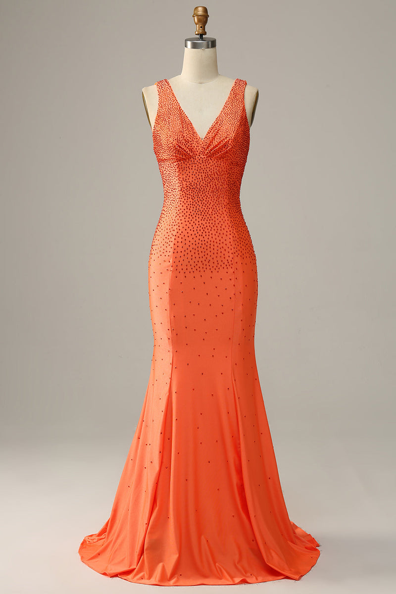 Load image into Gallery viewer, Mermaid V Neck Orange Long Prom Dress with Beading