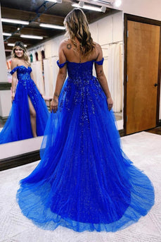 A Line Off the Shoulder Royal Blue Long Prom Dress with Split Front