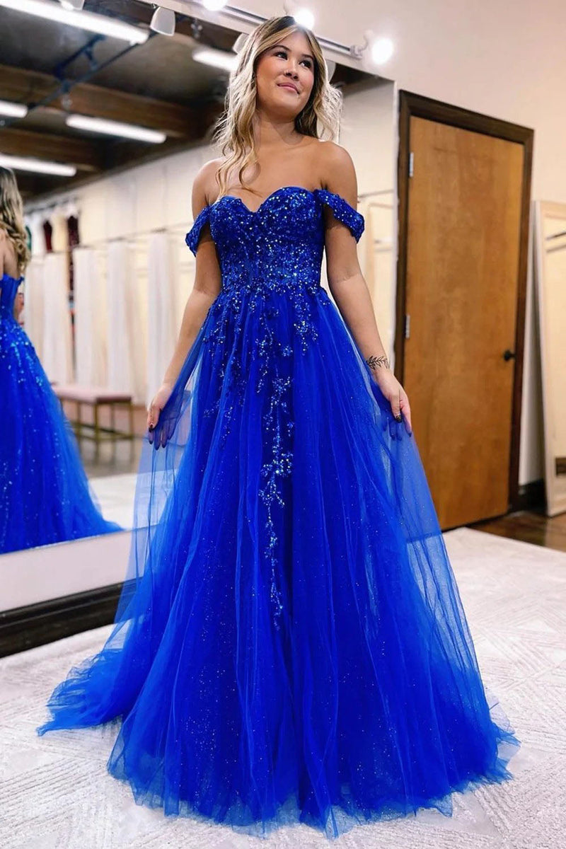 Load image into Gallery viewer, A Line Off the Shoulder Royal Blue Long Prom Dress with Split Front
