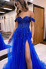 Load image into Gallery viewer, A Line Off the Shoulder Royal Blue Long Prom Dress with Split Front
