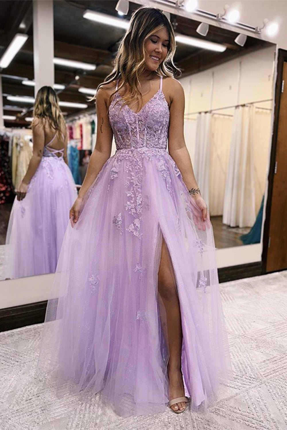 A Line Spaghetti Straps Lilac Long Prom Dress with Appliques