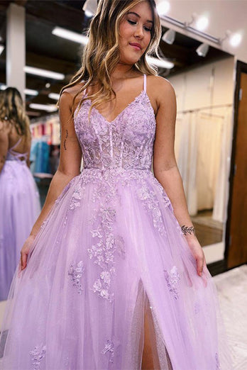 Lavender A-Line Spaghetti Straps Lace Long Prom Dress with Slit
