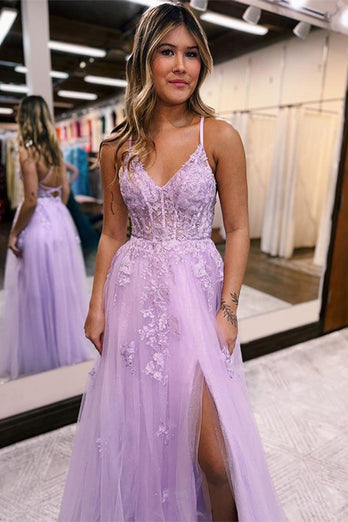 A Line Spaghetti Straps Lilac Long Prom Dress with Appliques
