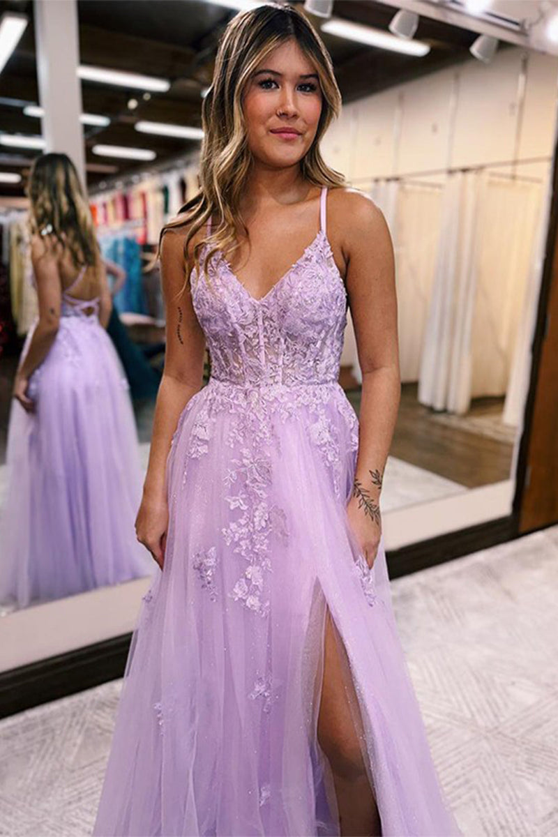 Load image into Gallery viewer, A Line Spaghetti Straps Lilac Long Prom Dress with Appliques