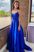 Load image into Gallery viewer, Royal Blue A Line Satin Prom Dress with Beading