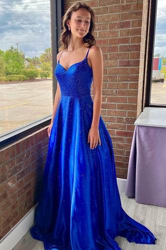 Royal Blue A Line Satin Prom Dress with Beading