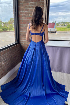 Royal Blue A Line Satin Prom Dress with Beading