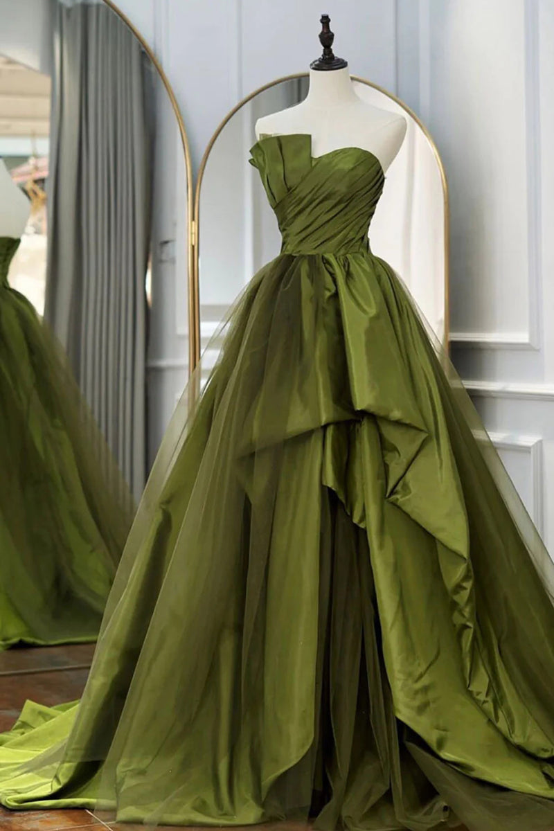 Load image into Gallery viewer, A Line Asymmetrical Straples Green Long Prom Dress with Ruffles