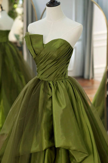 A Line Asymmetrical Straples Green Long Prom Dress with Ruffles