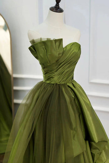 A Line Asymmetrical Straples Green Long Prom Dress with Ruffles
