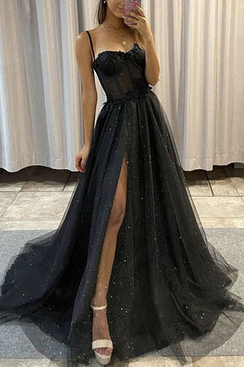 Hellymoon Women Black Tulle Corset Prom Dress with Slit Spaghetti