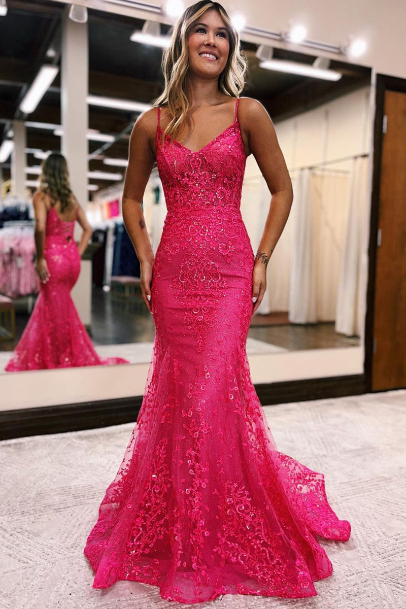 Load image into Gallery viewer, Mermaid Spaghetti Straps Hot Pink Long Prom Dress with Appliques