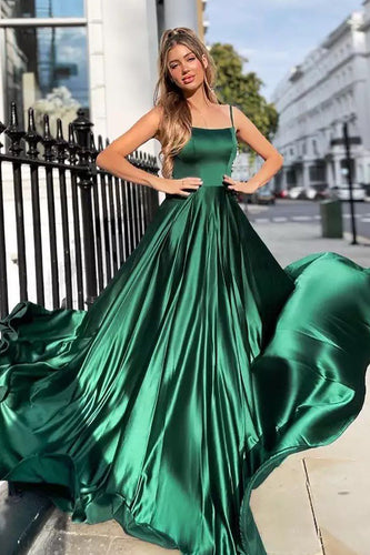 Green A Line Satin Prom Dress with Pockets
