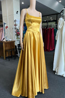 Load image into Gallery viewer, Green A Line Satin Prom Dress with Pockets