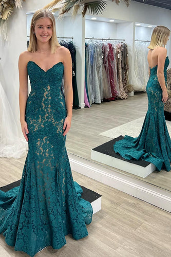 Green Mermaid Strapless Prom Dress with Lace