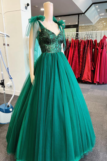 A Line Green Sequin Princess Prom Dress with Tulle