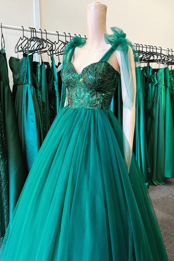 A Line Green Sequin Princess Prom Dress with Tulle