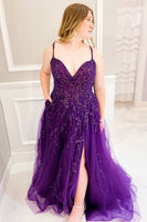Load image into Gallery viewer, Purple Beading Tulle Plus Size Prom Dress with Slit