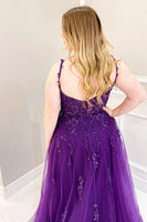 Load image into Gallery viewer, Purple Beading Tulle Plus Size Prom Dress with Slit