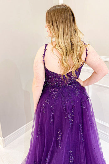 Purple Beading Tulle Plus Size Prom Dress with Slit