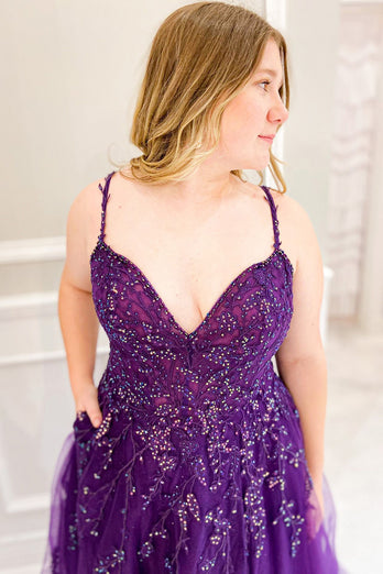 Purple Beading Tulle Plus Size Prom Dress with Slit