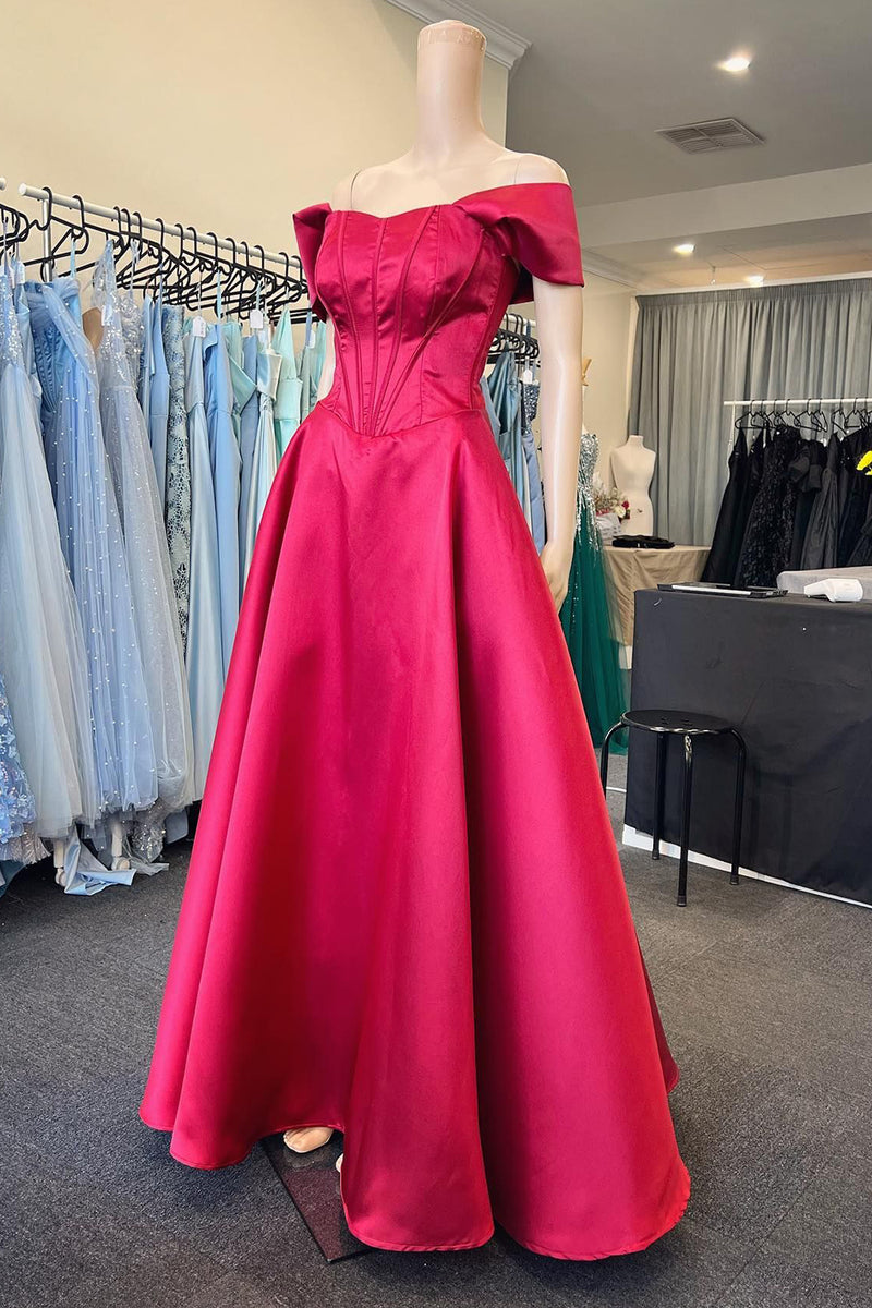 Load image into Gallery viewer, Satin Off the Shoulder Princess Corset Prom Dress