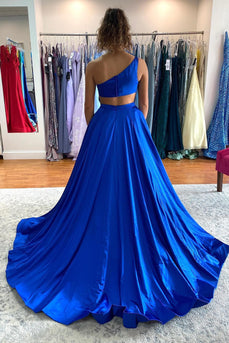 Royal Blue One Shoulder Prom Dress With Slit