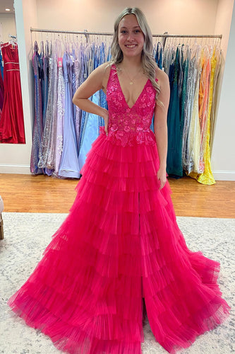 Hot Pink A Line Tulle Prom Dress with Appliques