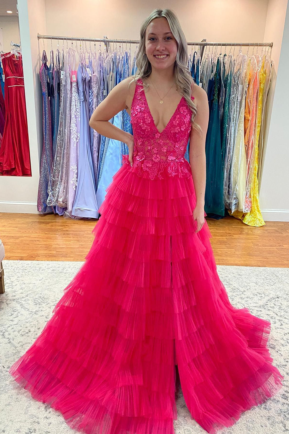 Hot Pink A Line Tulle Prom Dress with Appliques