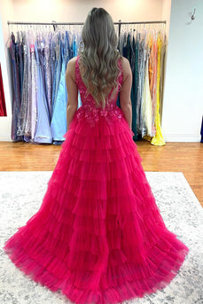 Hot Pink A Line Tulle Prom Dress with Appliques