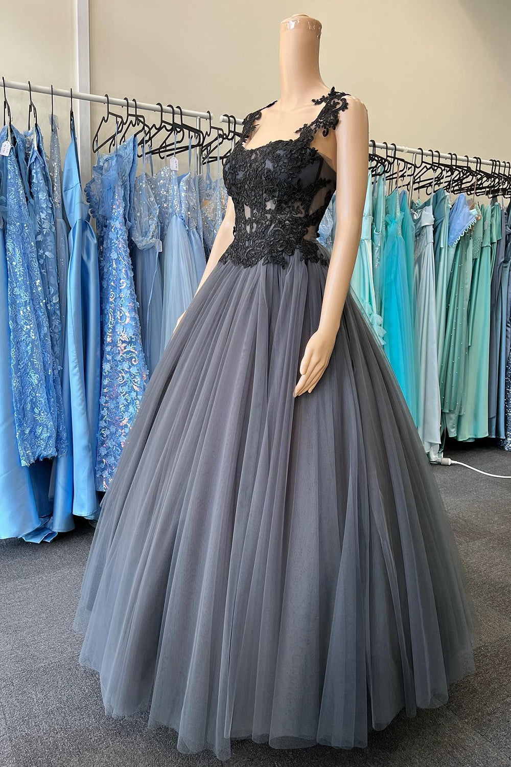 A Line Grey Tulle Corset Prom Dress with Lace