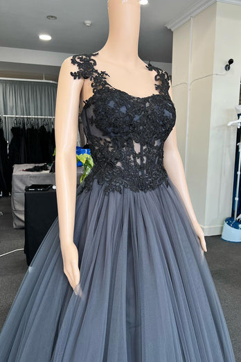 A Line Grey Tulle Corset Prom Dress with Lace