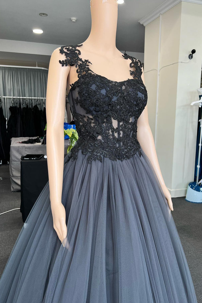 Load image into Gallery viewer, A Line Grey Tulle Corset Prom Dress with Lace