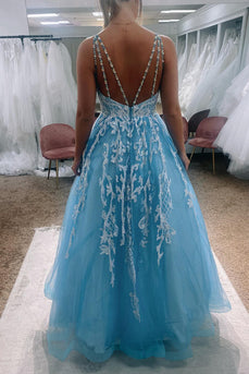 A Line Light Blue Princess Glitter Prom Dress with Appliques