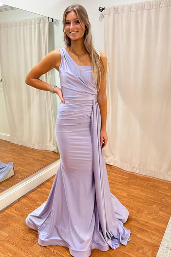 Lavender Satin One Shoulder Prom Dress with Ruffles
