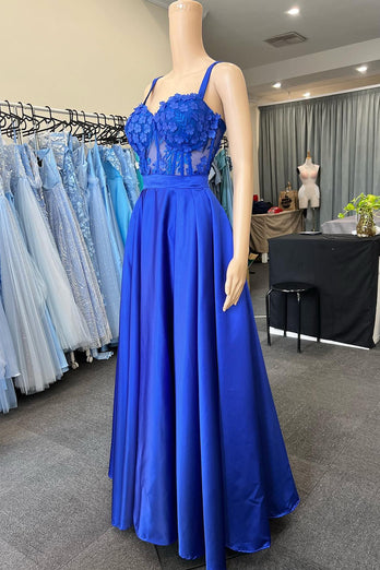 A Line Royal Blue Appliques Corset Prom Dress with Pockets