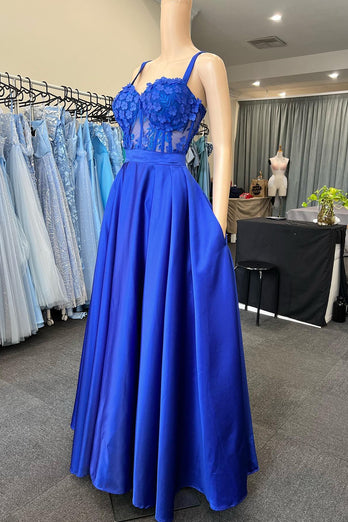 A Line Royal Blue Appliques Corset Prom Dress with Pockets
