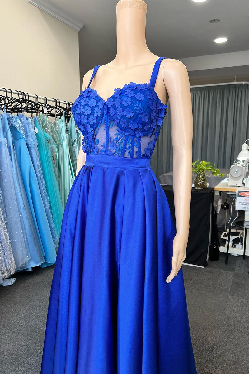 Load image into Gallery viewer, A Line Royal Blue Appliques Corset Prom Dress with Pockets