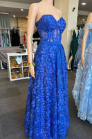 Load image into Gallery viewer, A Line Royal Blue Strapless Corset Prom Dress with Appliques