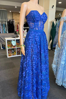 A Line Royal Blue Strapless Corset Prom Dress with Appliques