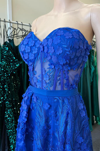 A Line Royal Blue Strapless Corset Prom Dress with Appliques