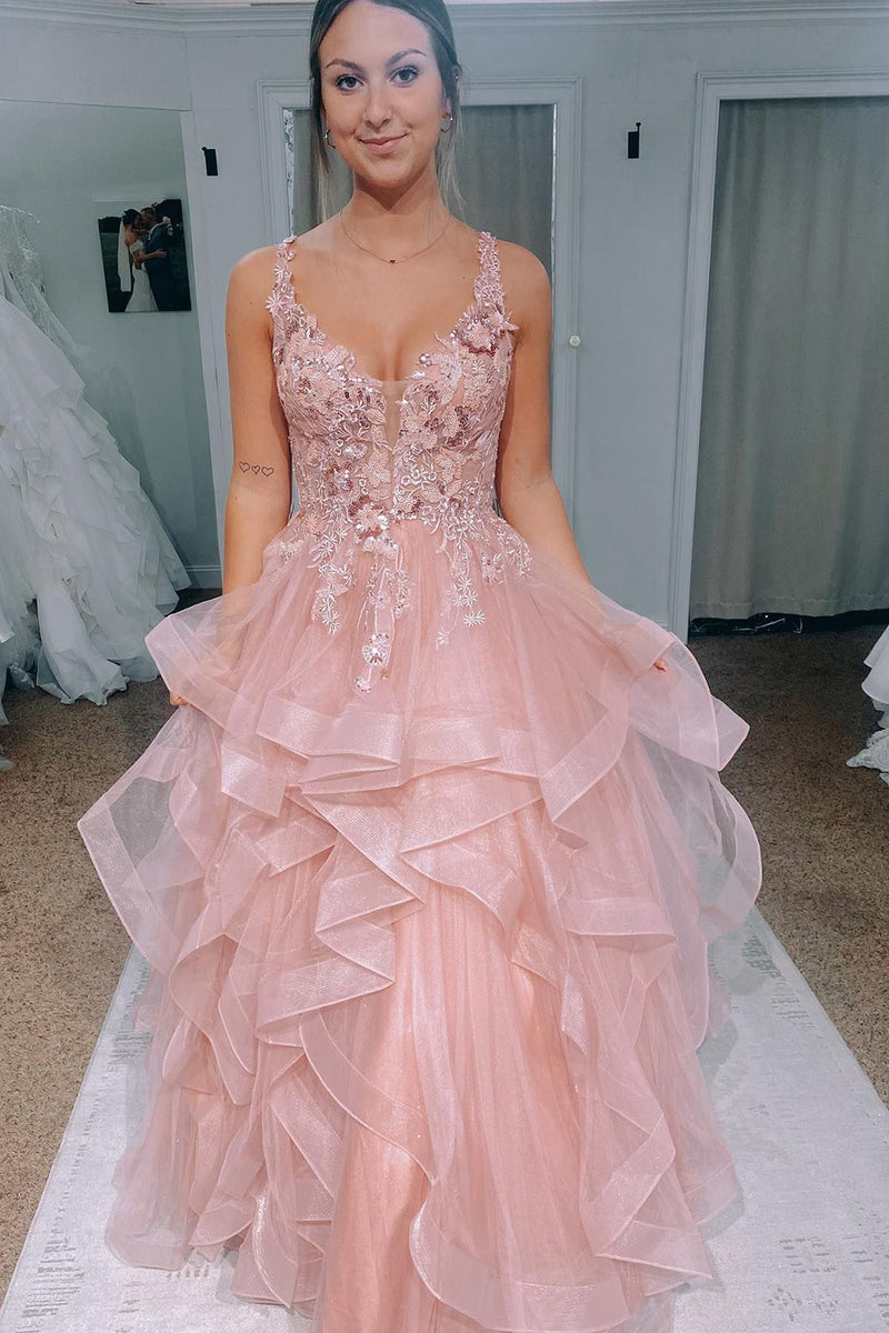 Load image into Gallery viewer, Blush Layered A line Princess Prom Drsss with Lace-up Back
