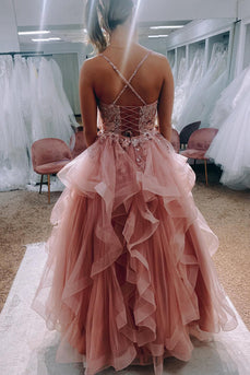 Blush Layered A line Princess Prom Drsss with Lace-up Back