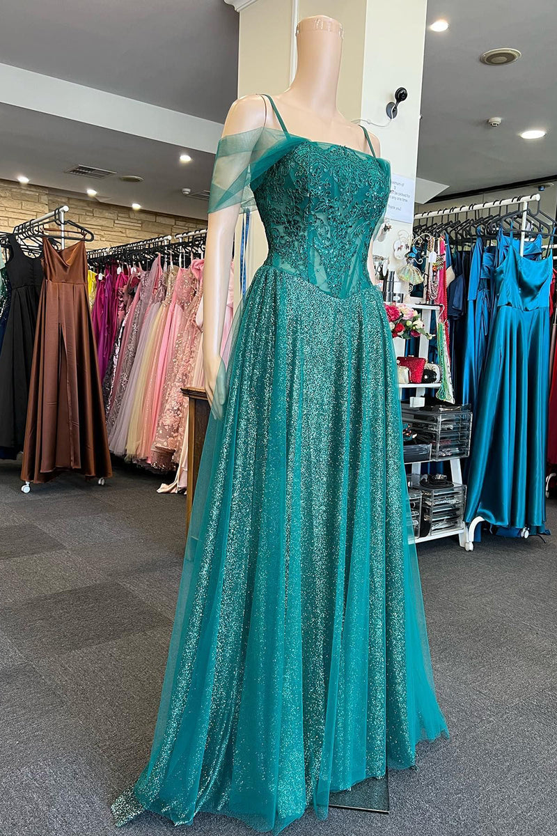 Load image into Gallery viewer, Off the Shoulder Green Sparkly Prom Dress with Beading