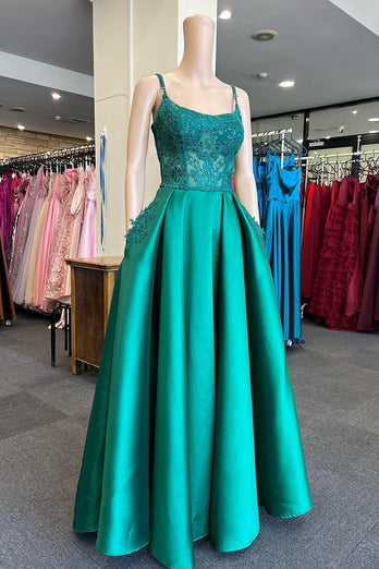 Green Satin Beaded Prom Dress with Pockets