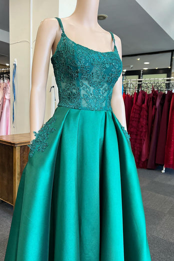 Green Satin Beaded Prom Dress with Pockets