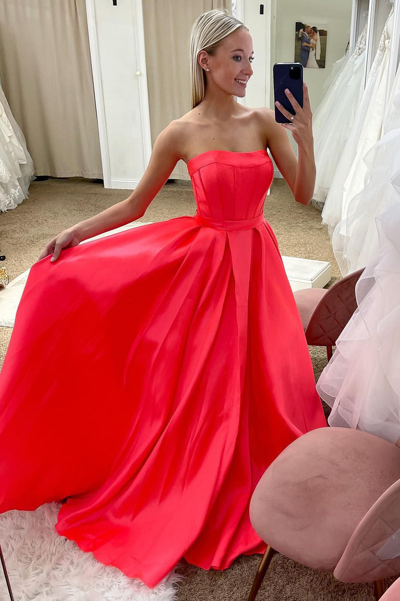 Load image into Gallery viewer, Strapless Red Satin Corset Princess Prom Dress