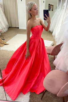 Strapless Red Satin Corset Princess Prom Dress