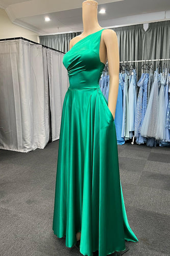 One Shoulder Green Satin Prom Dress with Pockets