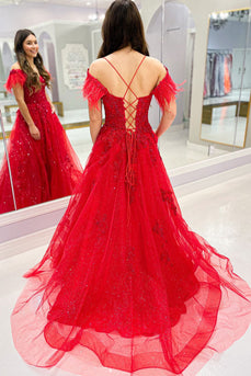 Red Off the Shoulder Tulle Feathers Prom Dress with Slit